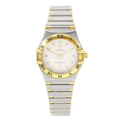 Omega Constellation ladies bi-colour quartz wristwatch, silvered dial with baton hour mark...