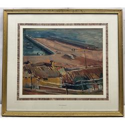 Philip Naviasky (Northern British 1894-1983): The Pier, oil on board unsigned, authenticated by the artist's wife Millie on label verso 36cm x 44cm