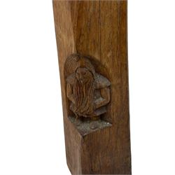 Gnomeman - two oak spinning or hall chairs, shaped splat backs, one carved with Yorkshire Rose, the other with mythical dragon, decagon seats on chamfered square tapering supports, each carved with gnome signature, by Thomas Whittaker, Littlebeck