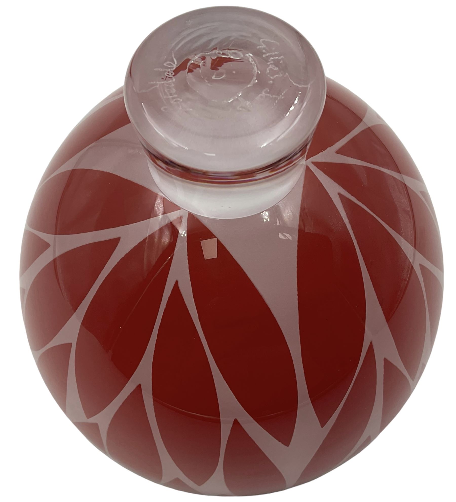 Gillies Jones of Rosedale glass bowl decorated with red leaves with black rim, upon a short clear tapering foot, signed to base, H12cm D15cm