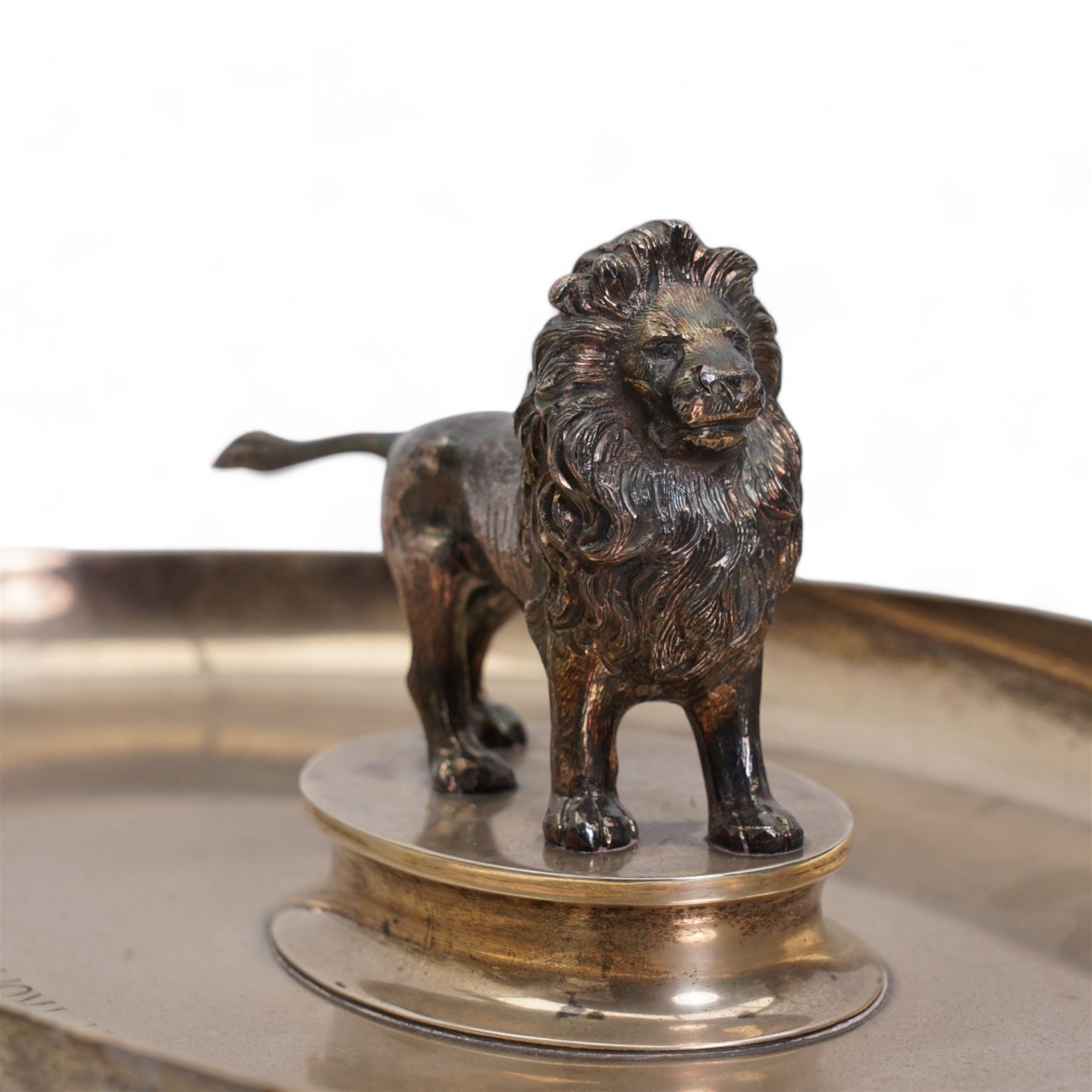 'The Northumberland Sprint Trophy, Gosforth Park' - Silver oval shallow dish surmounted by a silver-plated figure of the Northumberland Lion 31cm x 17cm London 1980 Maker Edward Barnard & Sons 