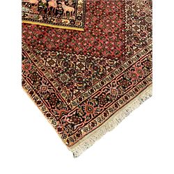 Persian Bidjar peach ground rug, the field decorated with repeating Herati motifs surrounding an off-centre lozenge medallion, decorated with grazing deer and peacock motids, the field border decorated with repeating stylised plant motifs, multiple floral design guard bands