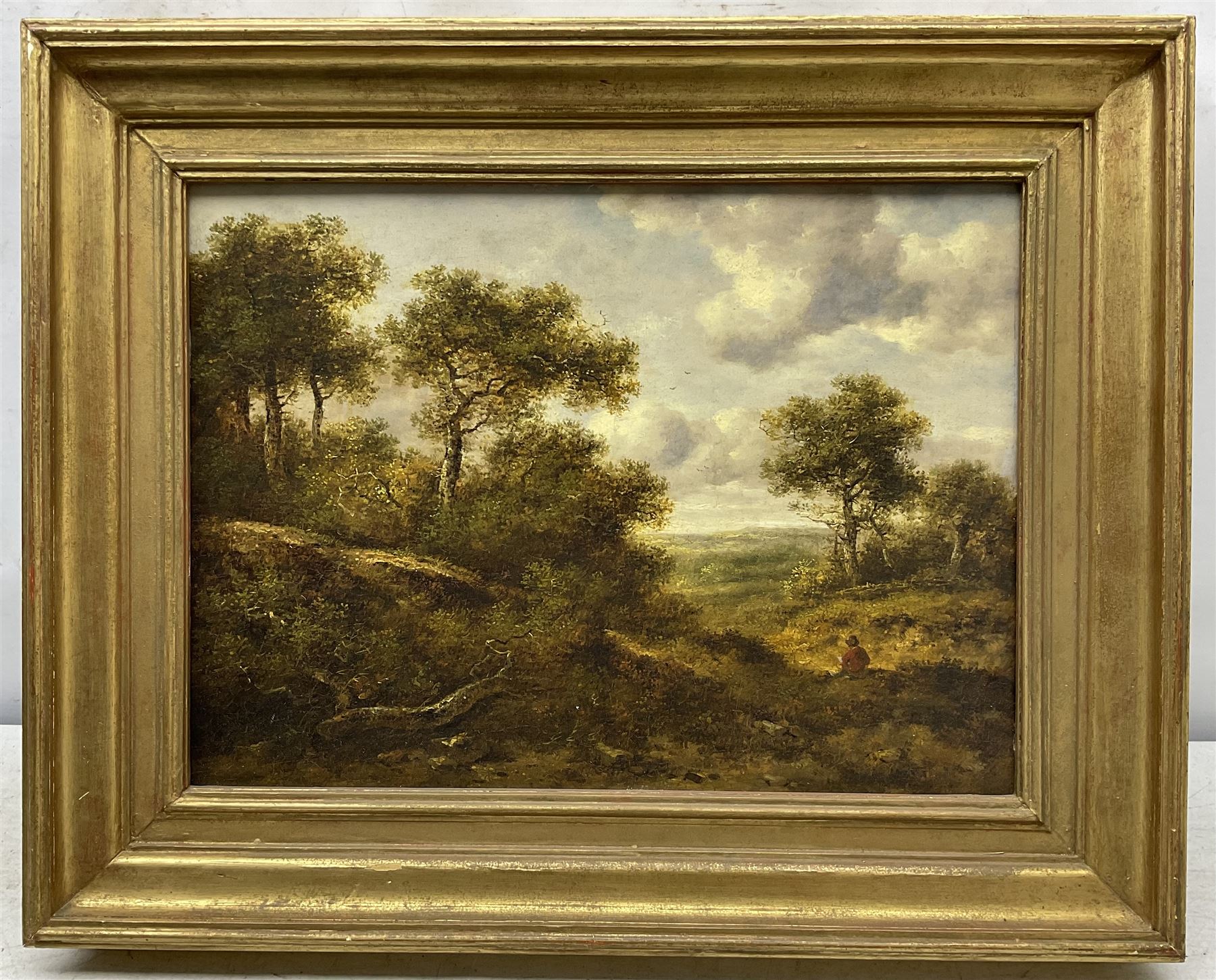 Attrib. Richard H Hilder (British 1813-1852): Figure at Rest on a Woodland Hilltop, oil on panel unsigned 28cm x 38cm