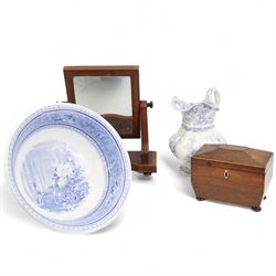 19th century rosewood twin division tea caddy, with bone escutcheon, on four bun feet, L20cm, 19th century 'Royal Palace' pattern wash bowl and 'Japan Flowers' jug, together with a mahogany toilet mirror (4)