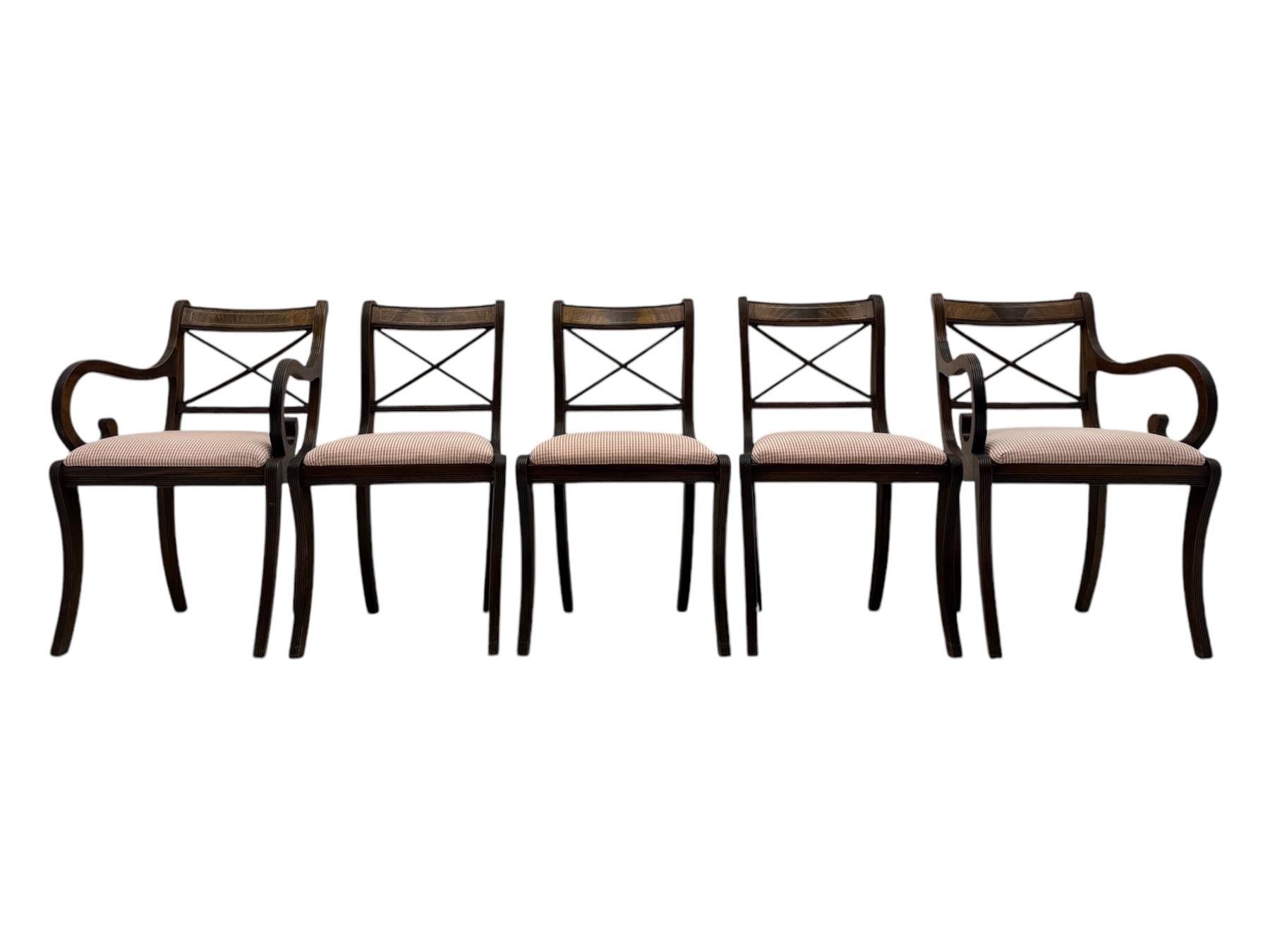 Set of ten (8+2) Regency design mahogany and brass inlaid dining chairs, bar cresting rail over x-framed back, upholstered drop-in seats, moulded frame and sabre supports 