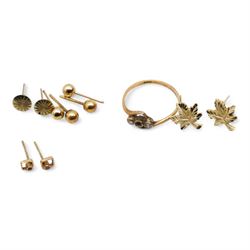 Early 20th century gold two stone diamond ring and five pairs of 9ct gold stud earrings