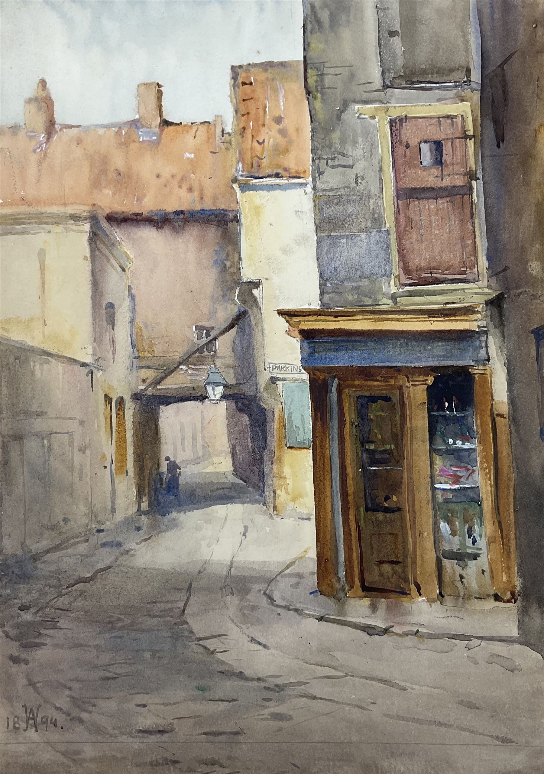 Charles William Adderton (British 1866-1944): 'Quay Street Scarborough looking towards Parkins Lane', watercolour signed with monogram and dated 1894, 35cm x 25cm (unframed)
Provenance: direct from the family of the artist Harry Wanless 1872-1934, part of a collection never previously seen on the market
Notes: Adderton was a friend of the brothers Harry and Charles Wanless, all of whom studied under Albert Strange at the Scarborough School of Art School. Adderton had a studio at 55 Sandside, Scarborough between 1894 and 1901, he moved to Ockbrook Derby and later to Robin Hoods Bay where he was a member of the Fylingdales Group of Artists