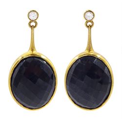 Pair of 18ct gold oval cut sapphire and round brilliant cut diamond pendant stud earrings, hallmarked, total sapphire weight approx 43.85 carat