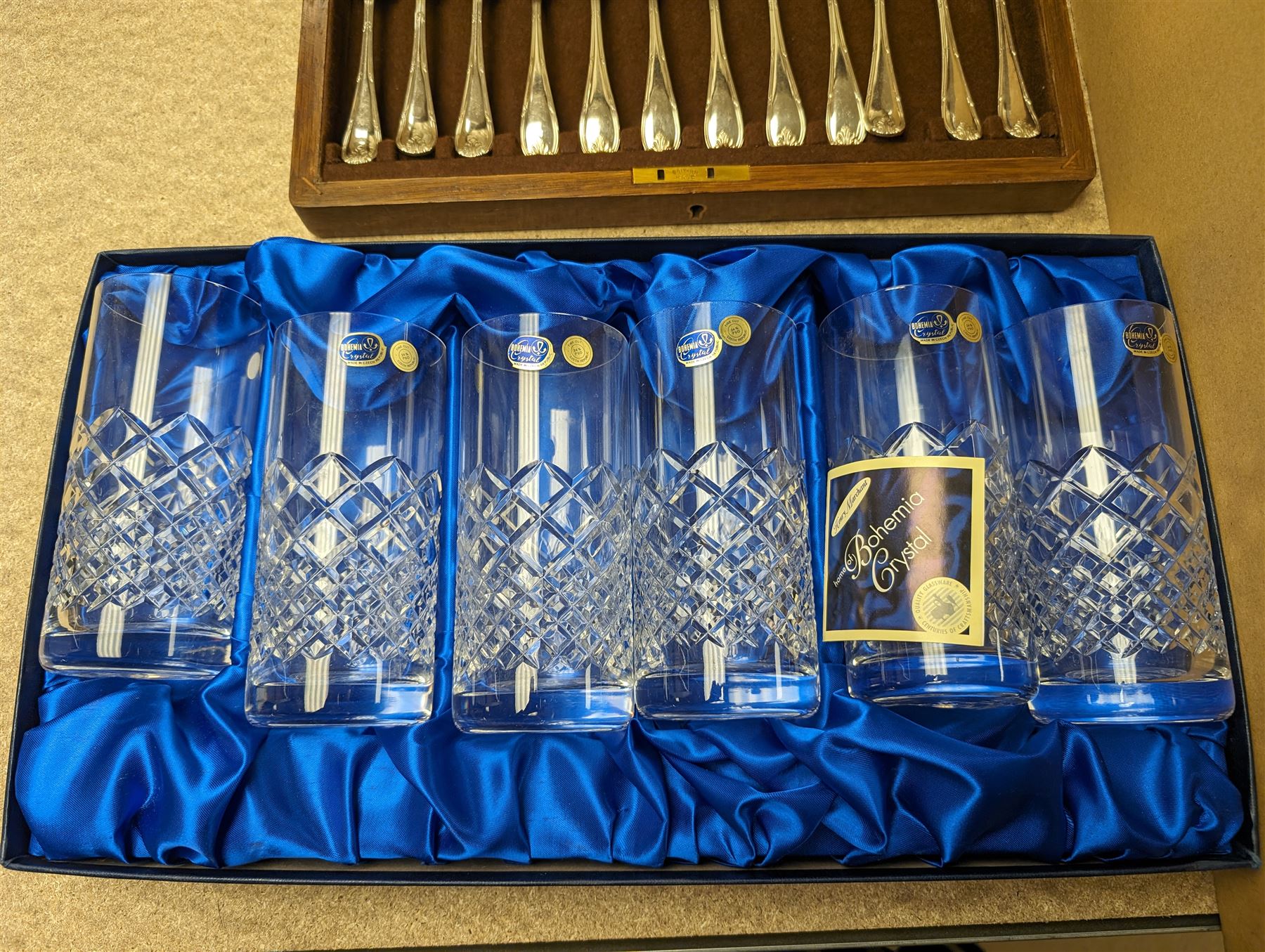 Set of six Henry Marchant Bohemia Crystal glasses, boxed, a cased Mappin & Webb silver plated fish knives and forks set and other silver plate and collectables 