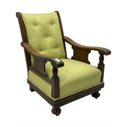 20th century oak framed rocking chair, curved armrests with shaped support panel, upholstered in lime-green fabric with button-tufting on the backrest, concealed springs to facilitate rocking motion underneath, supported by turned front legs with castors