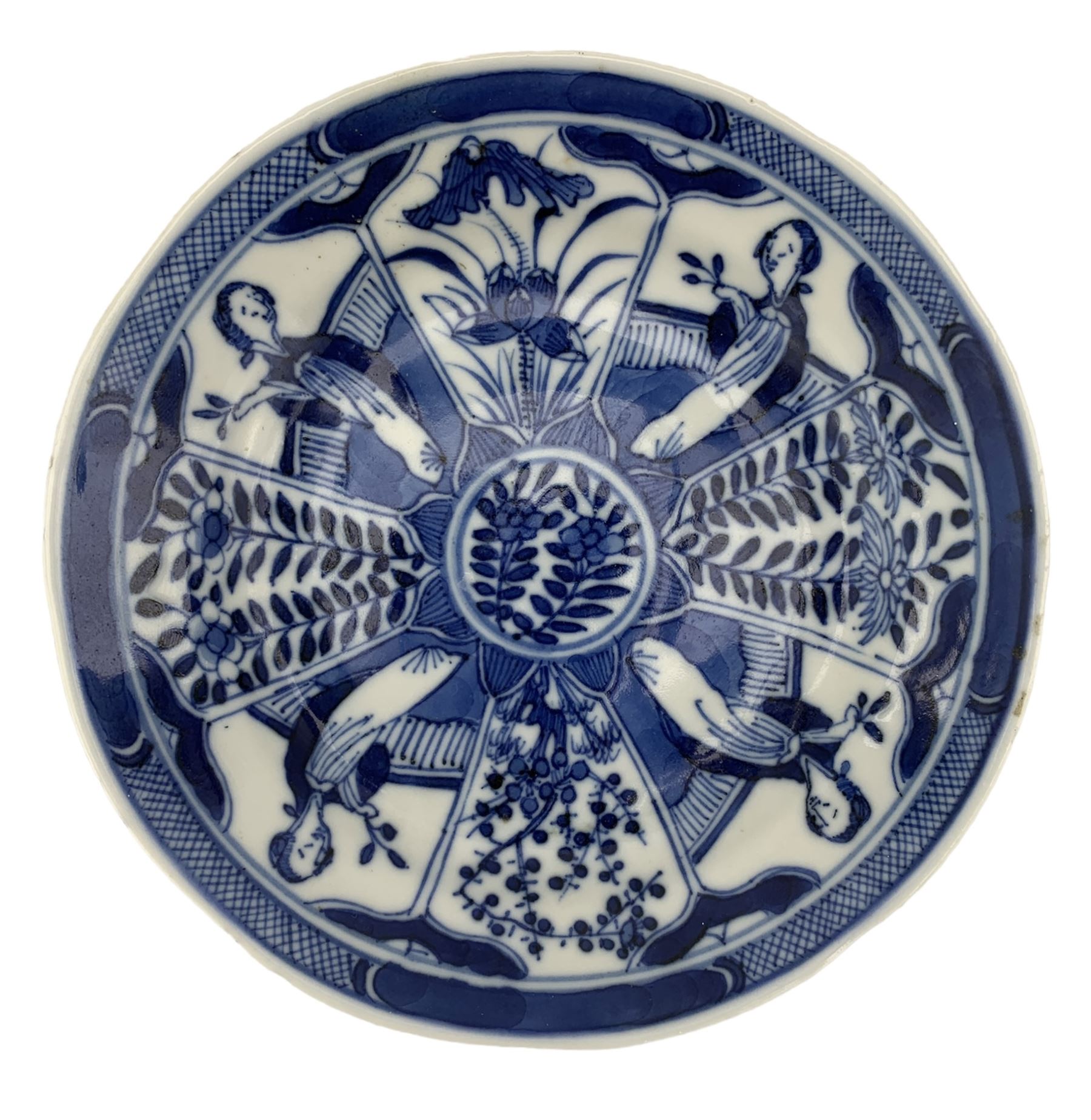 19th century Chinese blue and white saucer dish decorated in the Long Eliza pattern, four character mark within double circle beneath, D13.5cm, and a Chinese shaped dish painted with lotus flowers, provincial shop mark within square border beneath (2)