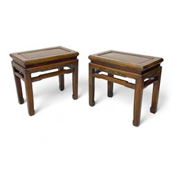 Pair of Chinese Hong Kong hardwood side tables, rectangular panelled top within moulded frame, the frieze rails carved with bats, on square supports terminating to hoof feet, united by shaped upper rails