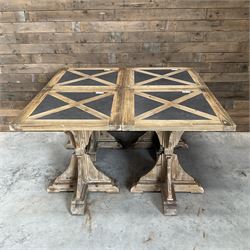 4 x Rustic square restaurant bistro table, parquetry top, X shaped base