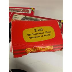 Four Hornby '00' gauge locomotives, comprising R859 BR Black Five Class 4-6-0 locomotive no. 45076, R262 BR Coronation Class 4-6-2 locomotive reworked as no. 46230 Duchess of Buccleuch, R066 Coronation Class 7P 4-6-2 reworked as BR City of Nottingham no. 46251 and R350 BR Class A4 4-6-2 locomotive reworked as Kingfisher no. 60024, all boxed 