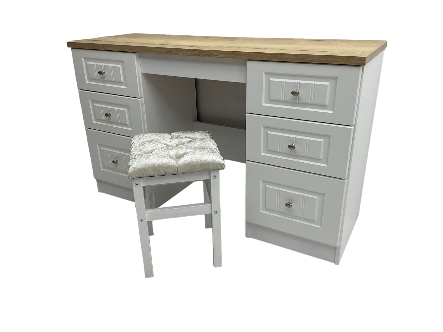 Oak and white finish twin pedestal dressing table or desk, fitted with six drawers and with stool