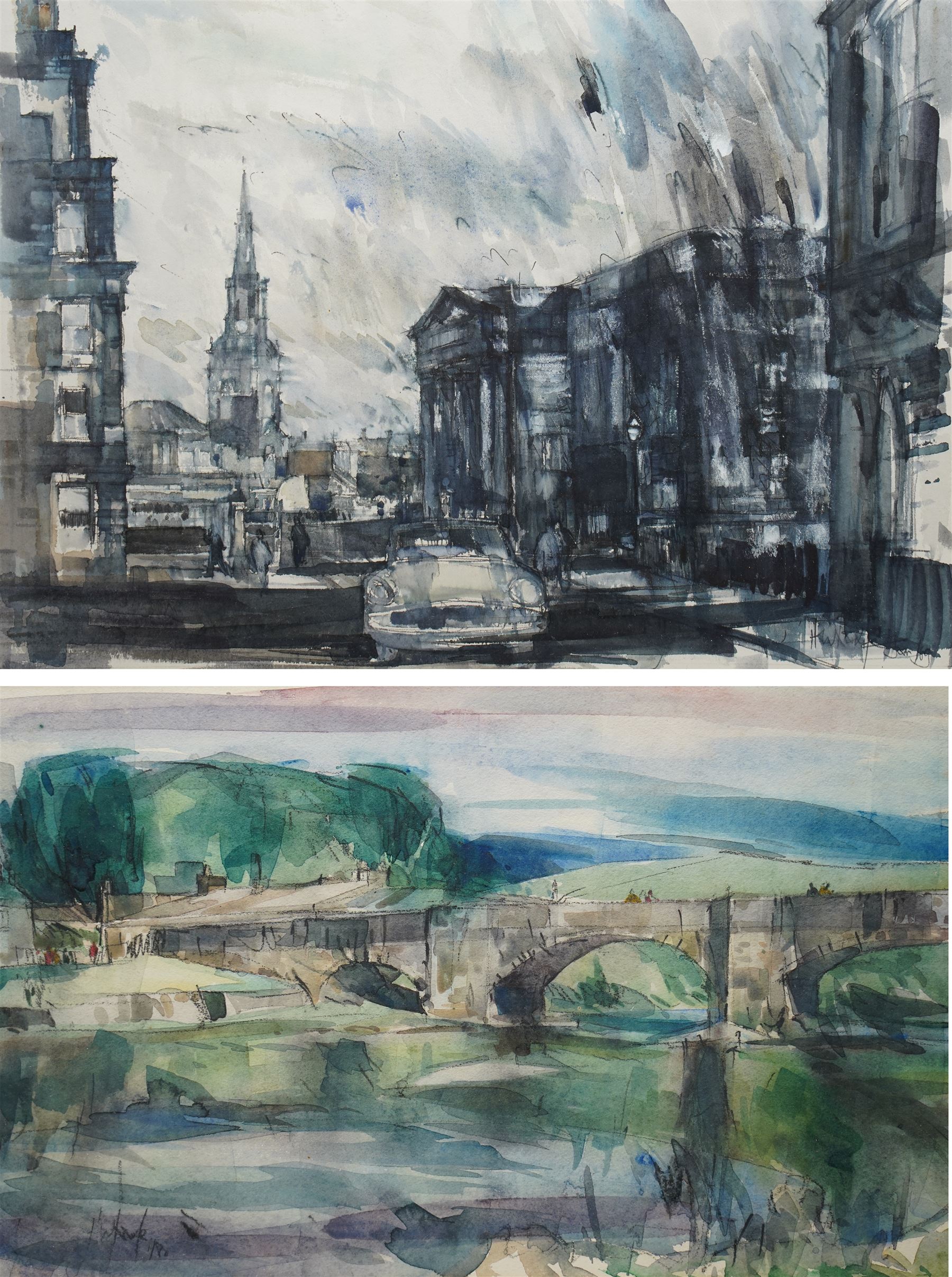 Harold Wharfe (Yorkshire 20th century): London Scene and Yorkshire Bridge, two watercolours inscribed and dated max 30cm x 43cm (2)