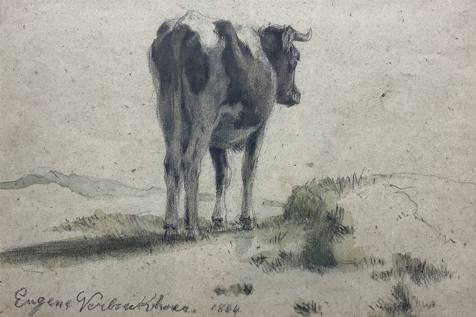 Eugene Verboeckhoven (Belgian 1798-1881): Portrait of a Cow, watercolour signed and indistinctly dated 18*, 16cm x 23cm 