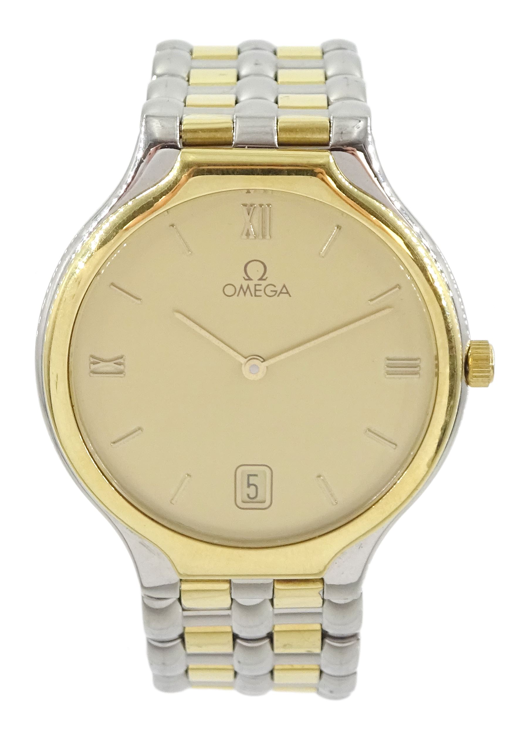 Omega gentleman's gold and stainless steel quartz wristwatch, Cal. 1441, champagne dial with baton and Roman hour markers and date aperture at 6 o'clock, on integrated Omega gold and stainless steel bracelet strap, with fold-over clasp