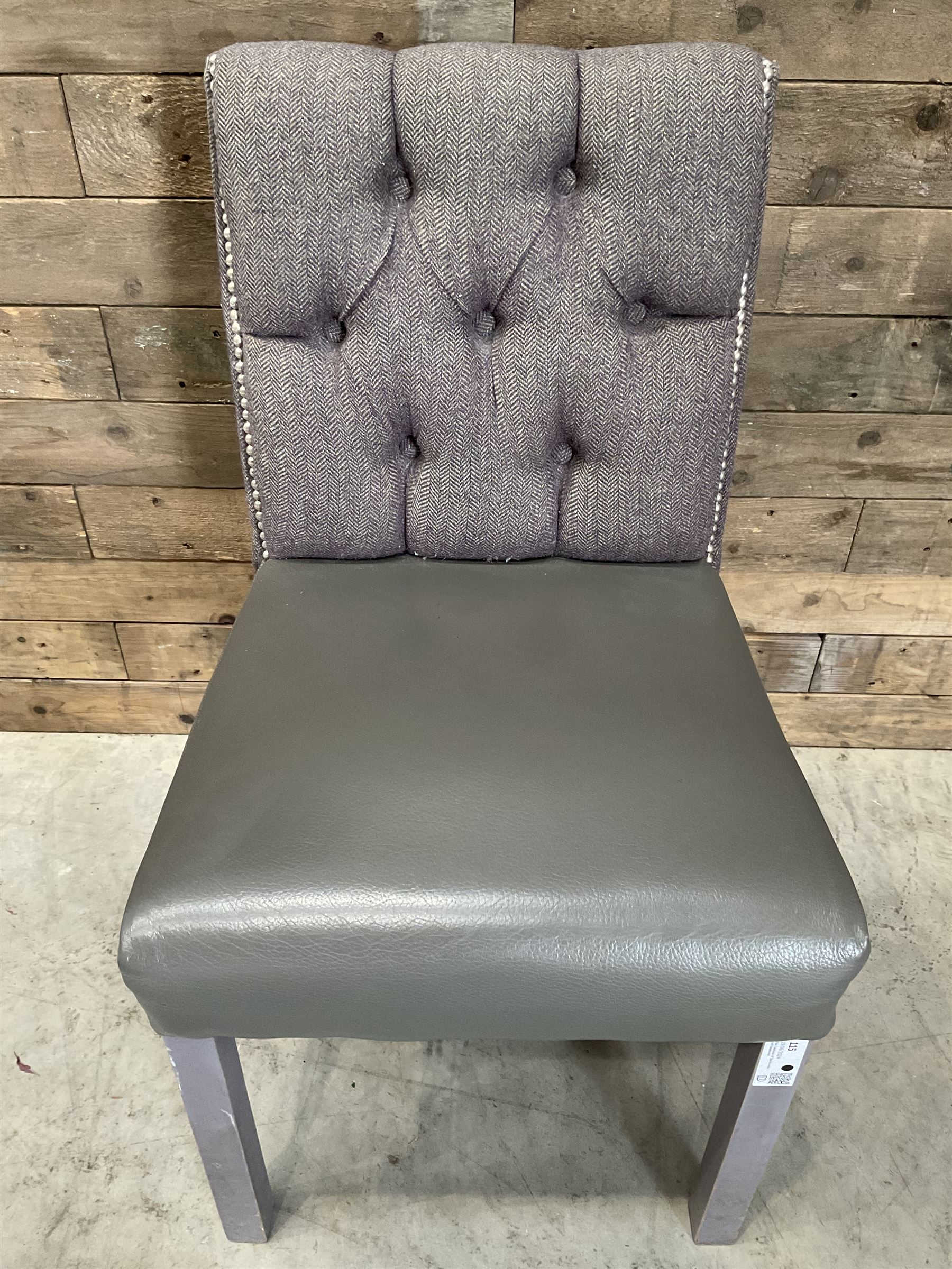 19 x dining chair upholstered in studded and buttoned tweed, painted leg