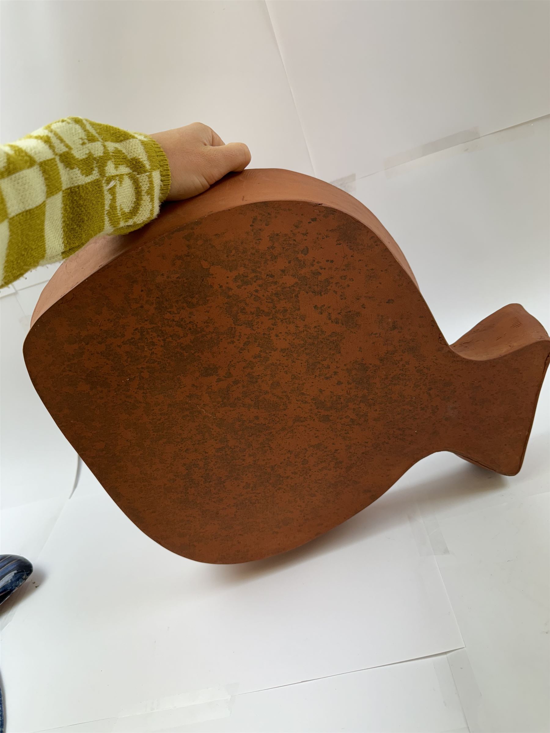 Studio pottery terracotta paella dish, modelled as a fish and finished in blue, green and brown glaze,  by Mary Hick Ceramics, Edinburgh, W44cm