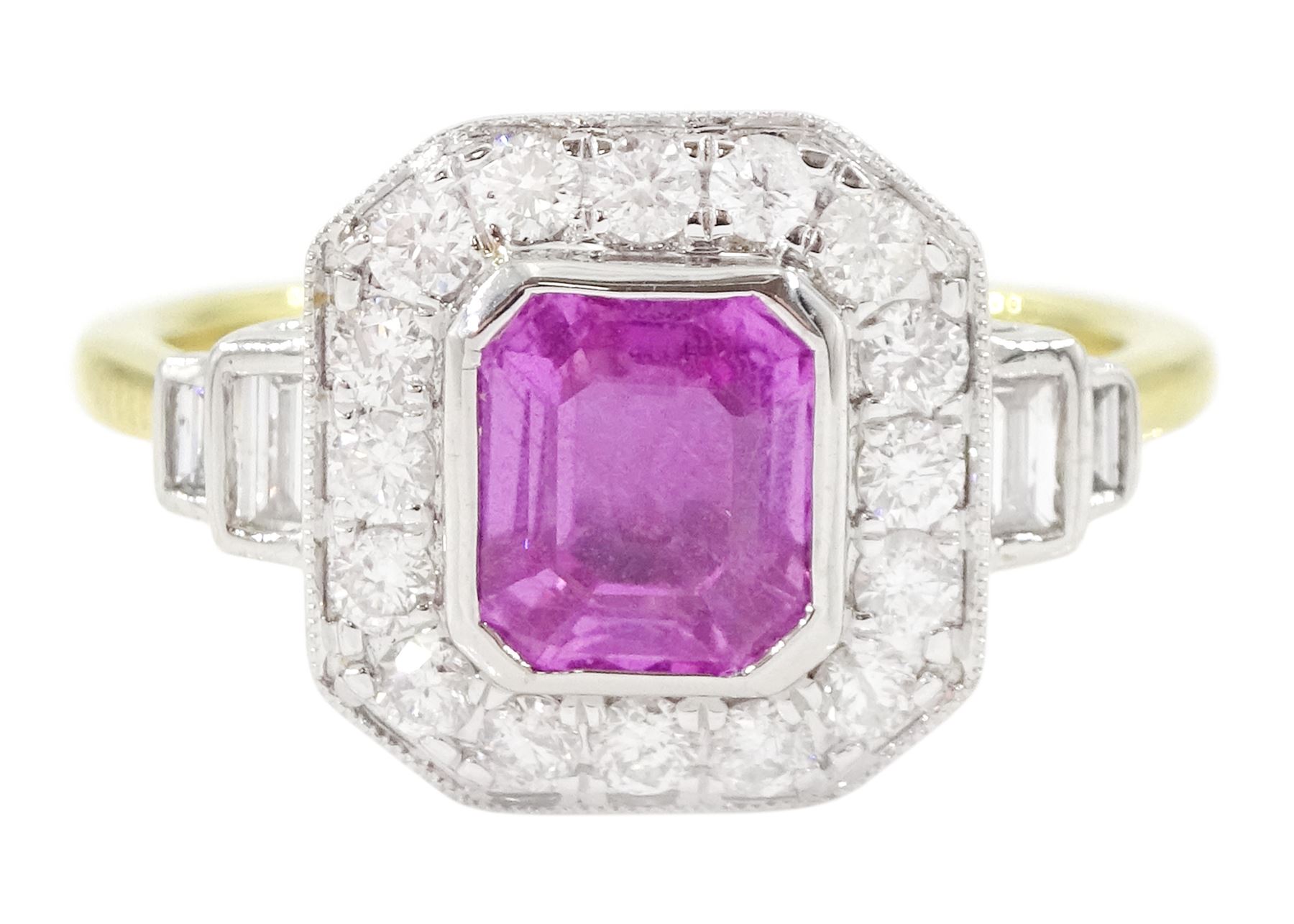 18ct white and yellow gold pink sapphire and diamond cluster ring, emerald cut sapphire, with milgrain set round brilliant cut diamond surround and baguette diamond shoulders, hallmarked, sapphire 1.30 carat, total diamond weight approx 0.50 carat