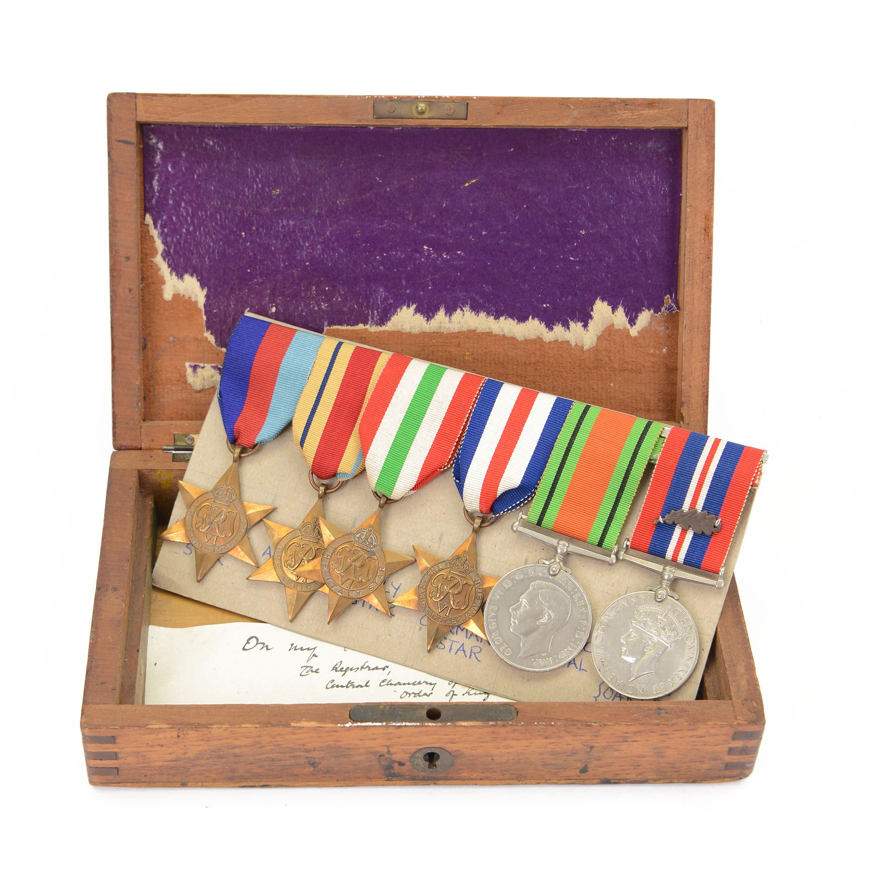 WWII group of six medals comprising 1939-45 War Medal, Defence Medal, 1939-45 Star, Africa Star, France and Germany Star and Italy on wearing bar