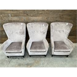 4 x Wing back armchair upholstered in silver crushed velvet fabric