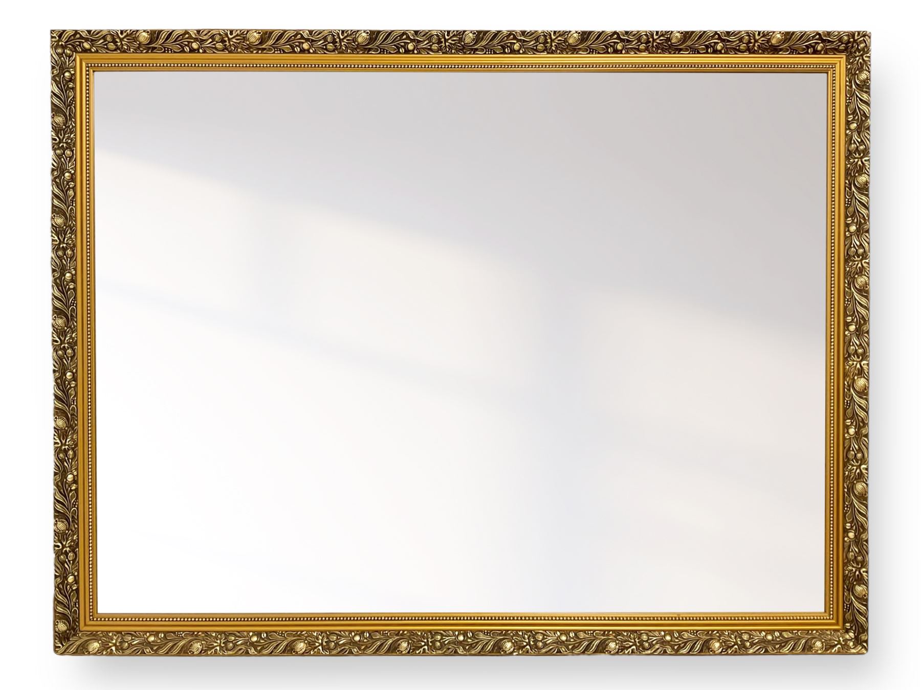 Large rectangular gilt framed wall mirror, decorated with trailing leafy branches and flowerheads, bevelled glass plate 