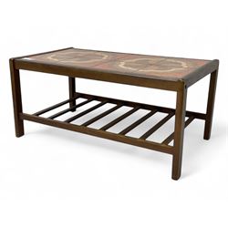 Mid-20th century teak occasional table, rectangular top set with eight ceramic tiles depic...