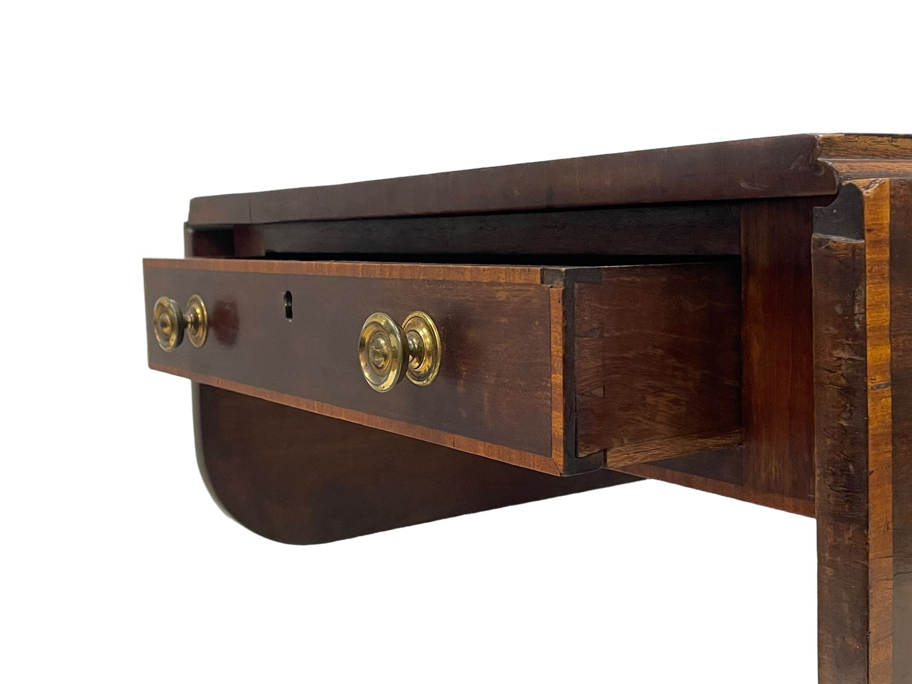 Early 19th century mahogany Pembroke table, rectangular drop-leaf top with rounded corners inlaid satinwood bands, single end drawer and opposing false drawer, turned pedestal on four acanthus carved and reed moulded splayed supports, cast brass cups and castors 