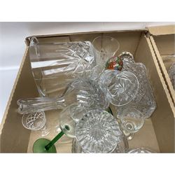 Cut crystal and glassware, including Stuart Crystal mushroom decanter, Elizabeth crystal vase, drinking glasses, tumblers, etc, in four boxes