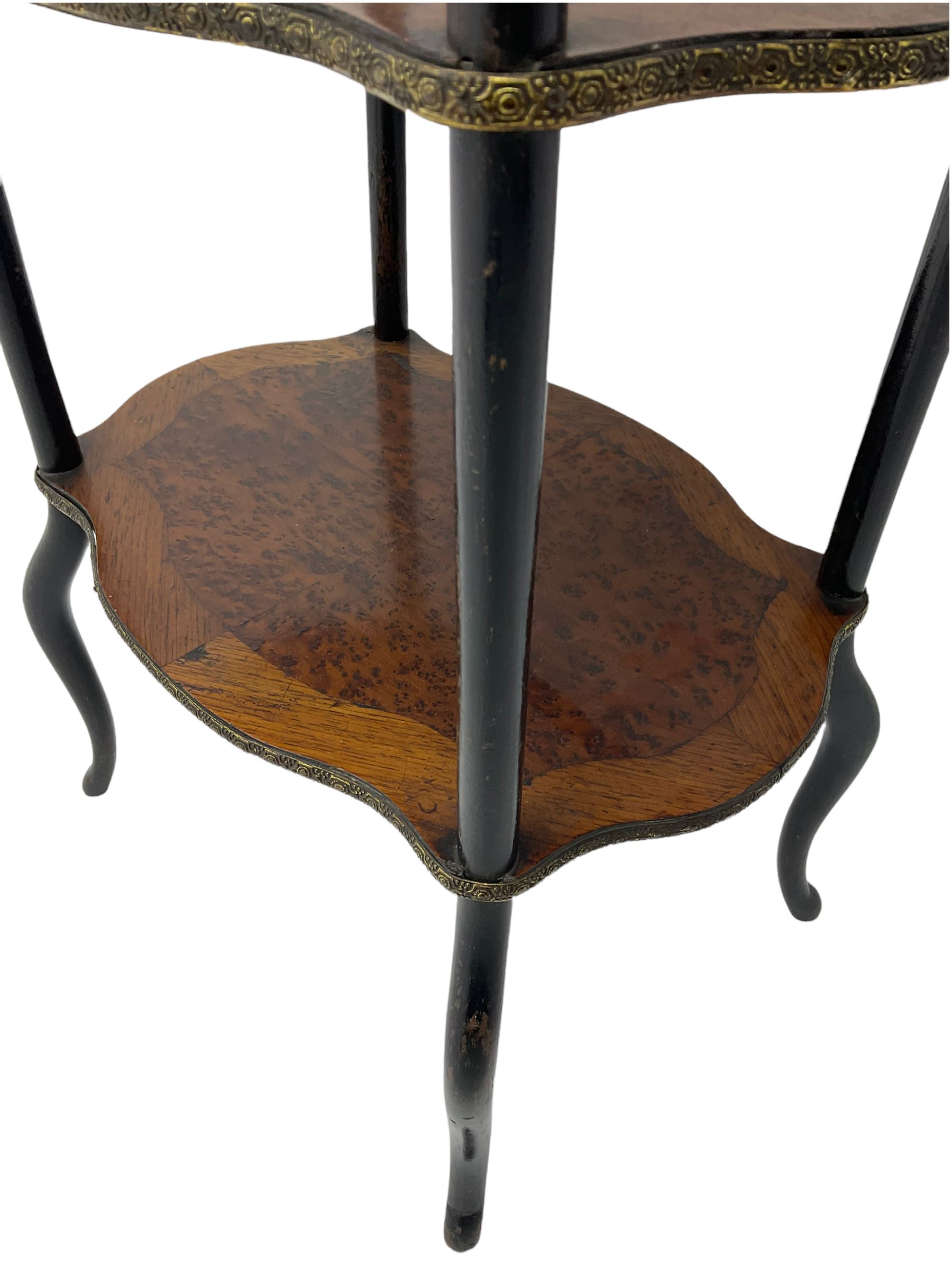 French Amboyna and Kingwood banded stand, three shaped tiers, brass gallery