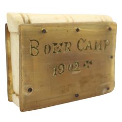 Boer War interest, a carved horn and bone vesta case inscribed 'Boer War Camp 1902', L6cm 