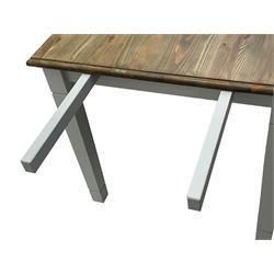 Pine kitchen dining table, rectangular moulded top on painted base, square tapering supports (180cm x 85cm, H78cm); and two matching benches 