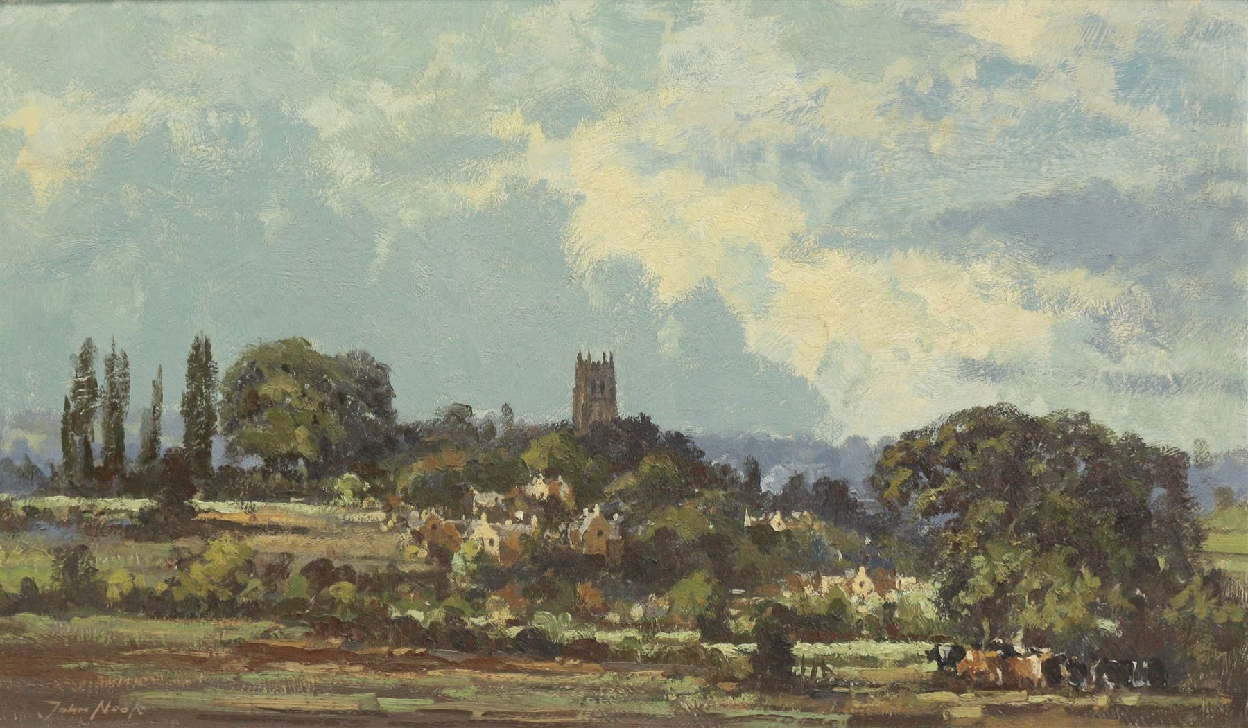 John Neale (British 20th Century): 'Chipping Campden From the East', oil on board signed, titled verso 40cm x 67cm 