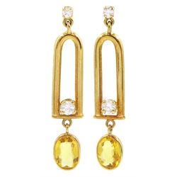 Pair of 18ct gold oval cut yellow beryl and round brilliant cut diamond pendant stud earrings, Birmingham 1995, total diamond weight approx 0.50 carat