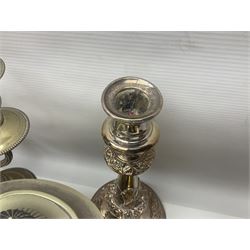 Collection of silver plate, to include pedestal dish, candle sticks, tea service etc  