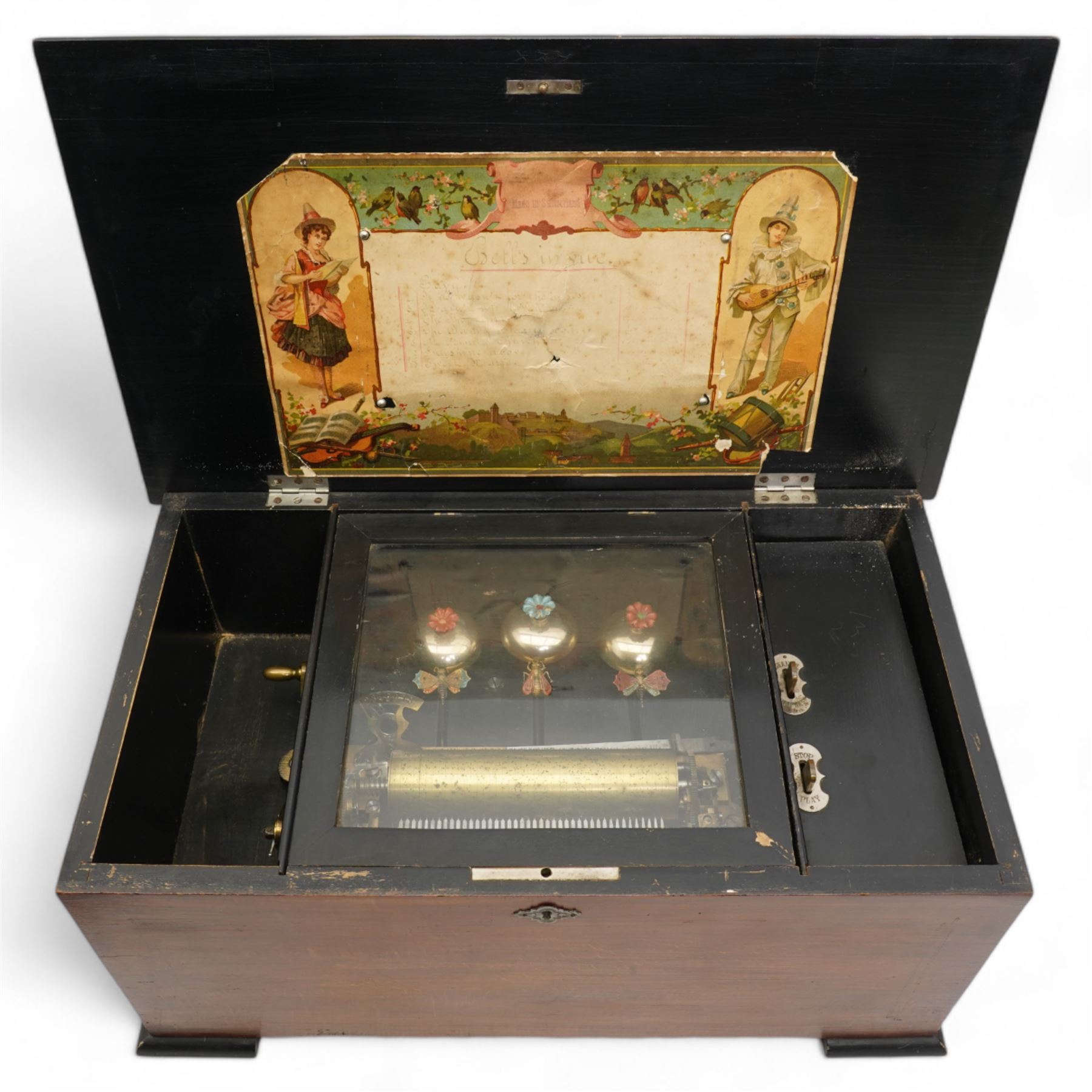 Swiss - 19th century musical box with three bells and butterfly's in sight, in a mahogany and ebonised box with contrasting decorative inlay to the lid and raised on pad feet, steel comb with 42 teeth playing 8 airs, crank wound going barrel with Geneva stopwork and tune indicator, stop/start and change/repeat functions, with a glazed viewing lid and original tune sheet.