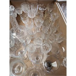 Two cut glass decanters, one with etched vine decoration, four Stuart Crystal Carlingford pattern Port glasses and a collection of other cut glass ware, in two boxes 