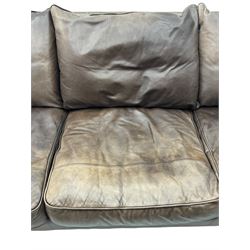 Collins & Hayes - contemporary grande three-seater sofa upholstered in brown leather, with curved arms and standing on tapering feet