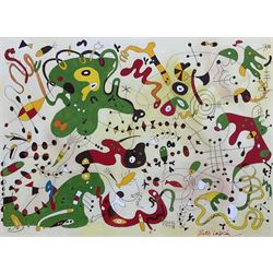 Peter Lapish (British 1937-): 'Amorous Amorphism (Shades of Miró)', acrylic on paper signed, titled verso 26cm x 36cm