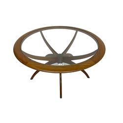 Victor B Wilkins for G-Plan - mid-20th century teak 'Astro' coffee table, circular top with glass inset top, raised on shaped X-frame base