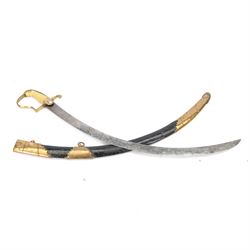 George III  British Grenadier Officer's private purchase scimitar, the 71.5cm curving blade with traces of bluing and gilding, brass hilt with D-shaped langets, one applied with a flaming grenade, knucklebow and chequered ivory grip; in leather covered scabbard with copper or brass mounts and two suspension rings, L86.5cm overall
This item has been registered for sale under Section 10 of the APHA Ivory Act 