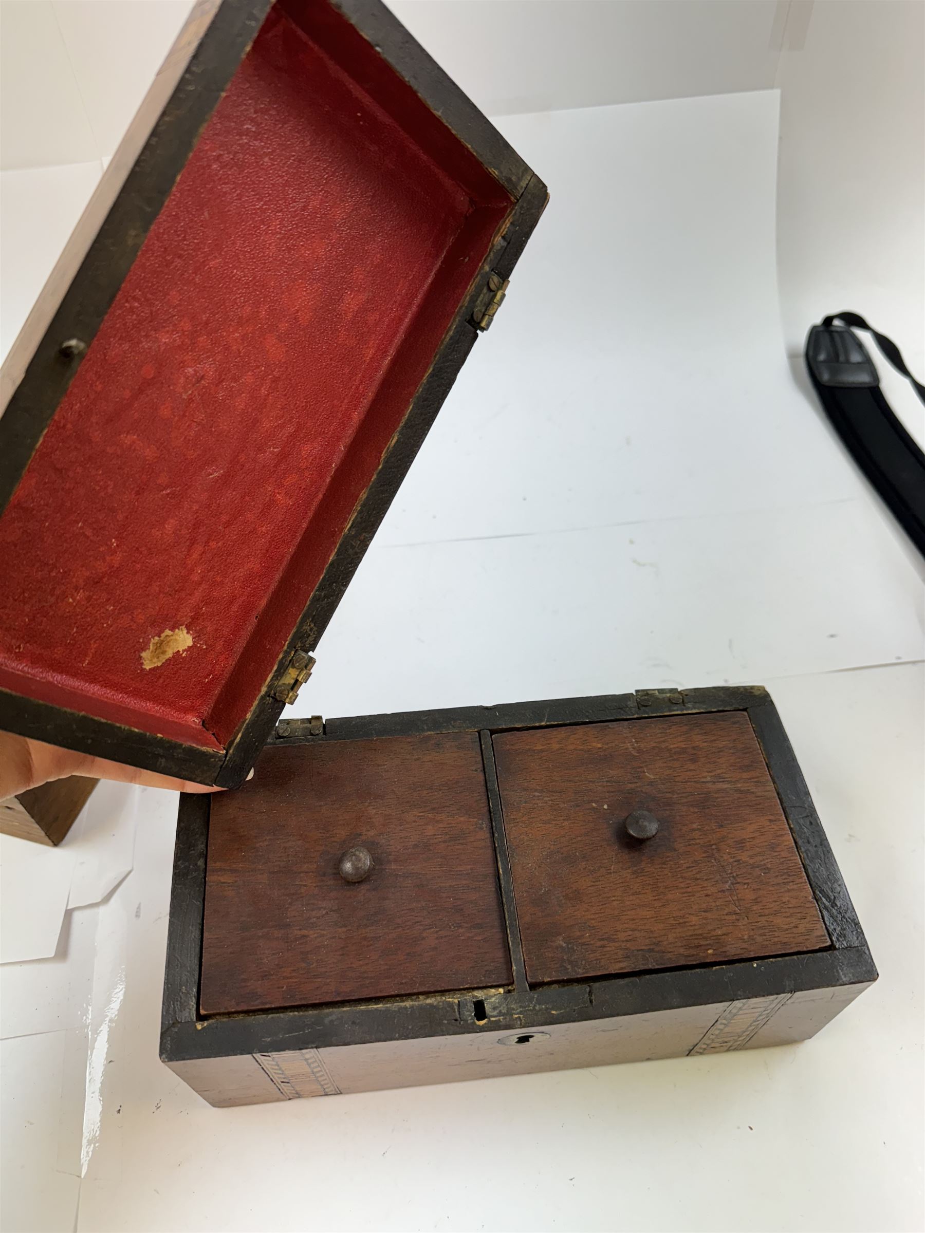 Group of wooden boxes and tins, including oak two compartment cigarette box, money tins, inlaid tea caddy, etc