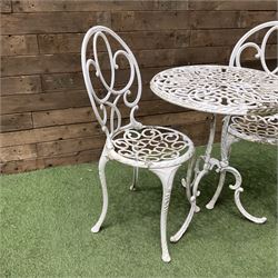 Cast aluminium garden table and two chairs painted in white - THIS LOT IS TO BE COLLECTED BY APPOINTMENT FROM DUGGLEBY STORAGE, GREAT HILL, EASTFIELD, SCARBOROUGH, YO11 3TX