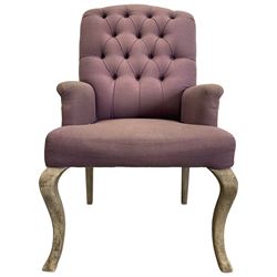 Voyage - four high back armchairs upholstered in buttoned lilac and tweed fabric, painted cabriole legs