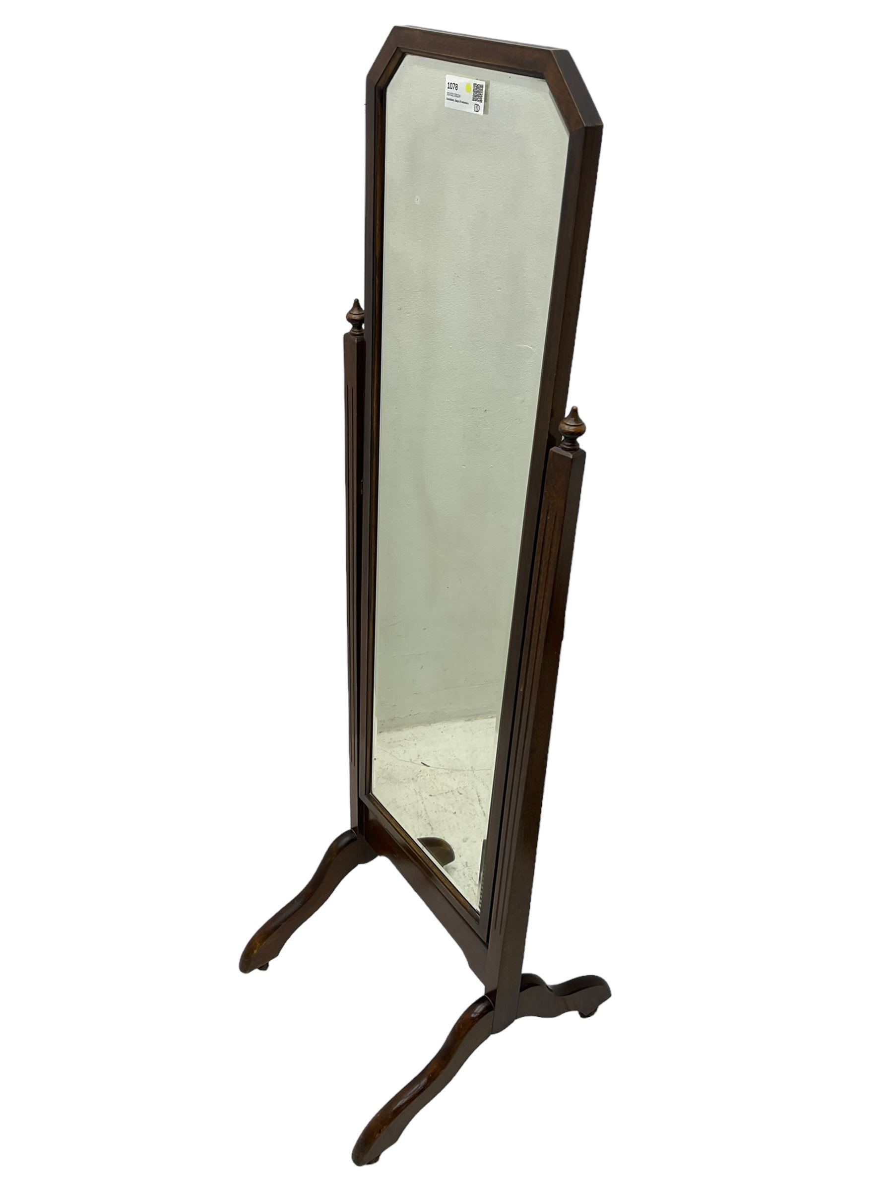 20th century mahogany framed cheval dressing mirror, rectangular bevelled plate with canted top corners, fluted uprights on splayed end supports and castors