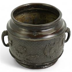 Japanese Meiji bronze two handled pot with raised pattern of dragons on a scaled ground D9.5cm x H9.5cm