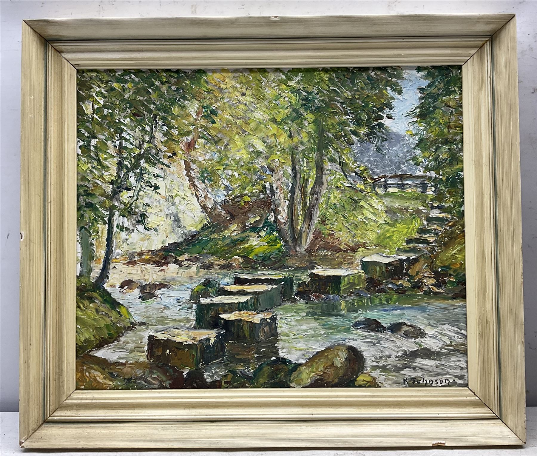 Ken Johnson (British 20th Century): Stepping Stones and 'Wheeldale Gill', two oils on board signed max 36cm x 43cm (2)