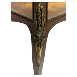 Victorian inlaid rosewood bijouterie table cabinet, shaped form, enclosed by hinged bevel glazed lid with shell and floral inlays, fabric lined interior, glazed sides within foliate cast gilt metal edging, on cabriole supports with floral cast gilt metal mounts and terminal caps 